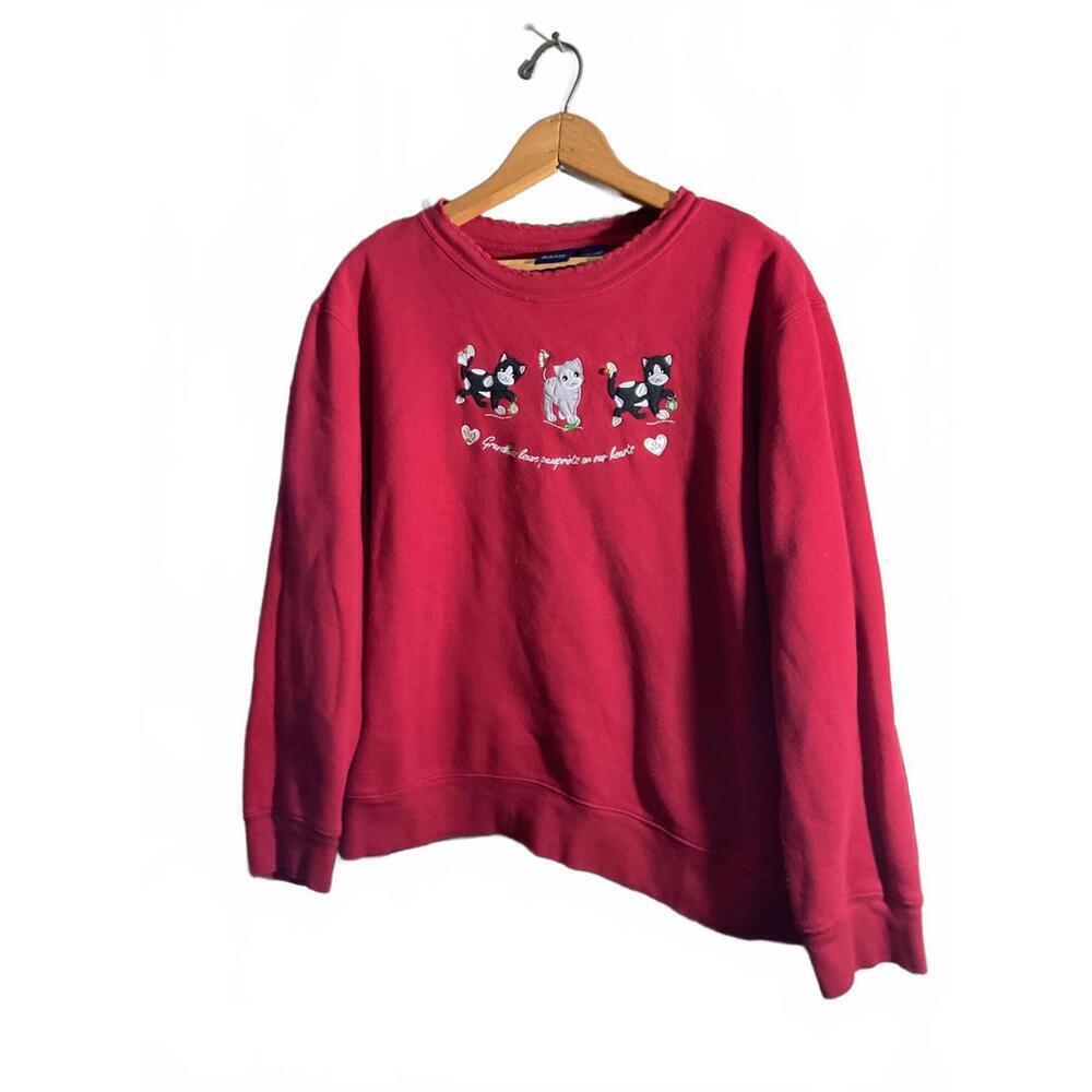 Cozy Red Cat Grandma Embroidered Holiday Sweatshirt - Women's Size L